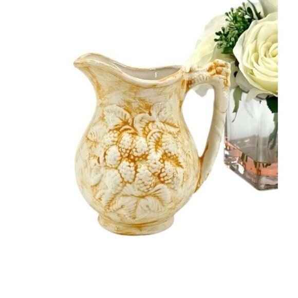 Vintage Strawberry Motif  Pitcher Yellow Orange HANDMADE SIGU 6” Tall 24 floz - Picture 1 of 10